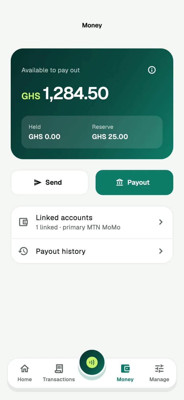 Money screen showing the balance available to pay out, using demo data