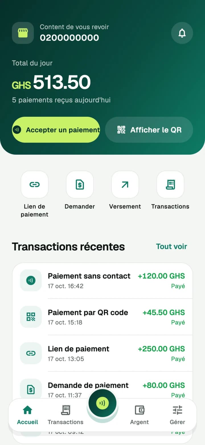 L'écran d'accueil de l'application commerçant avec le total du jour et les derniers paiements, données de démonstration