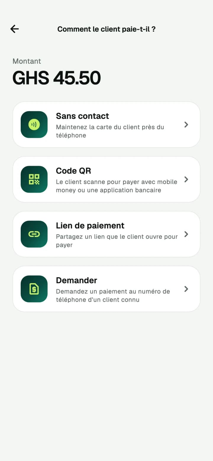 Choix du moyen de paiement : sans contact, QR code, lien ou demande