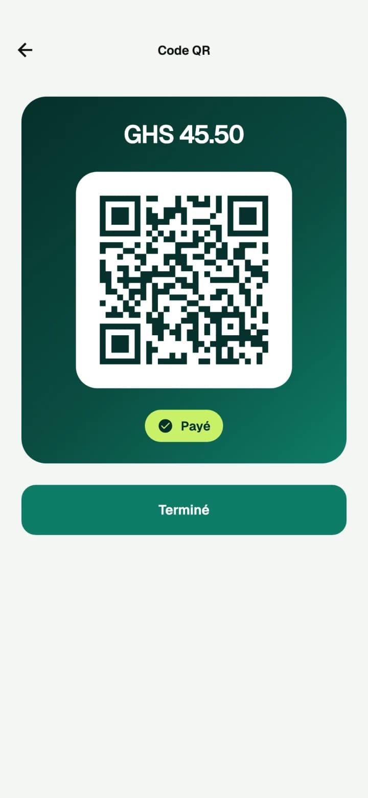 Un QR code de GHS 45.50 marqué comme payé