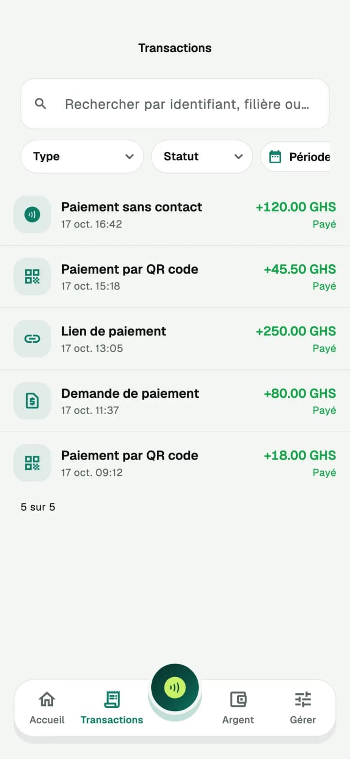 Une seule liste de paiements sans contact, QR, liens et demandes