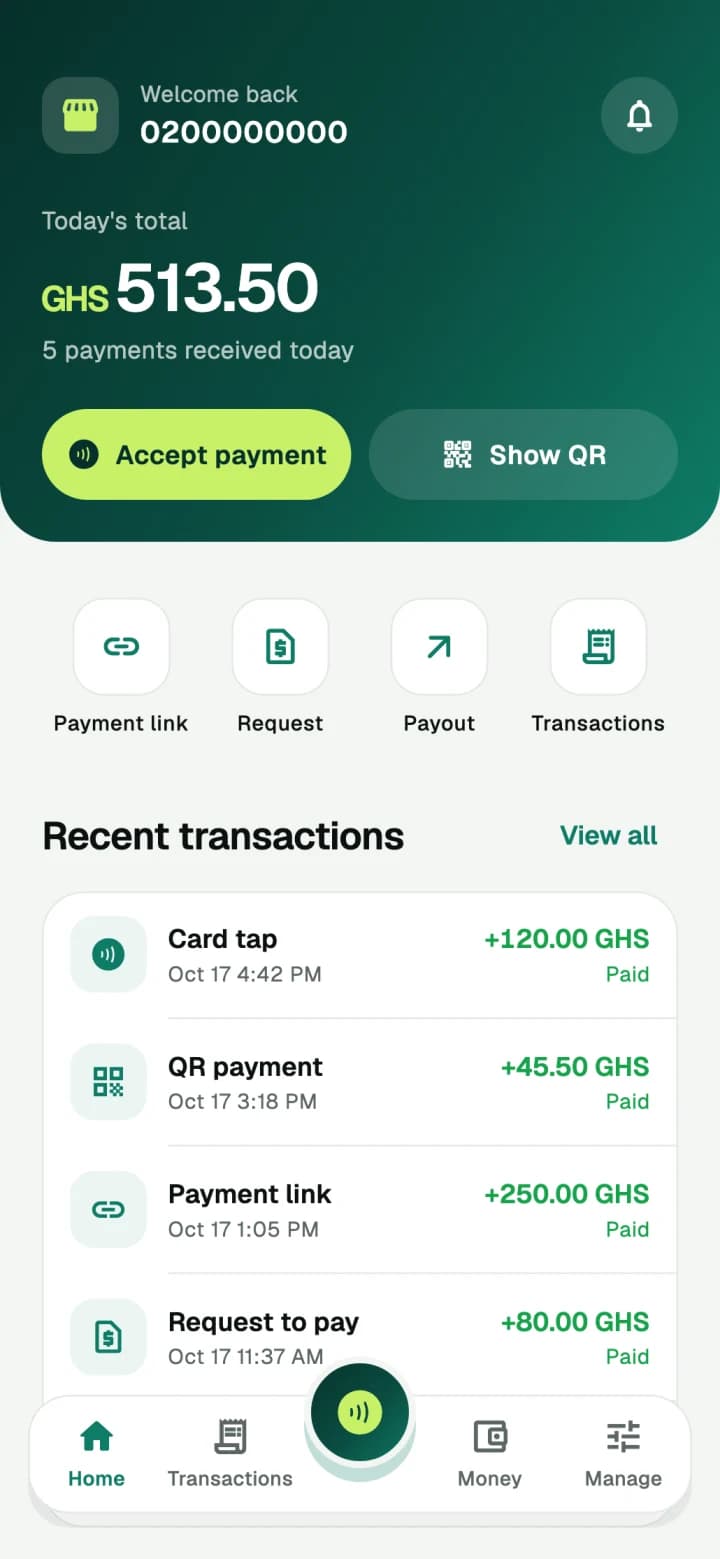 The merchant app home screen with today's total and recent payments, using demo data