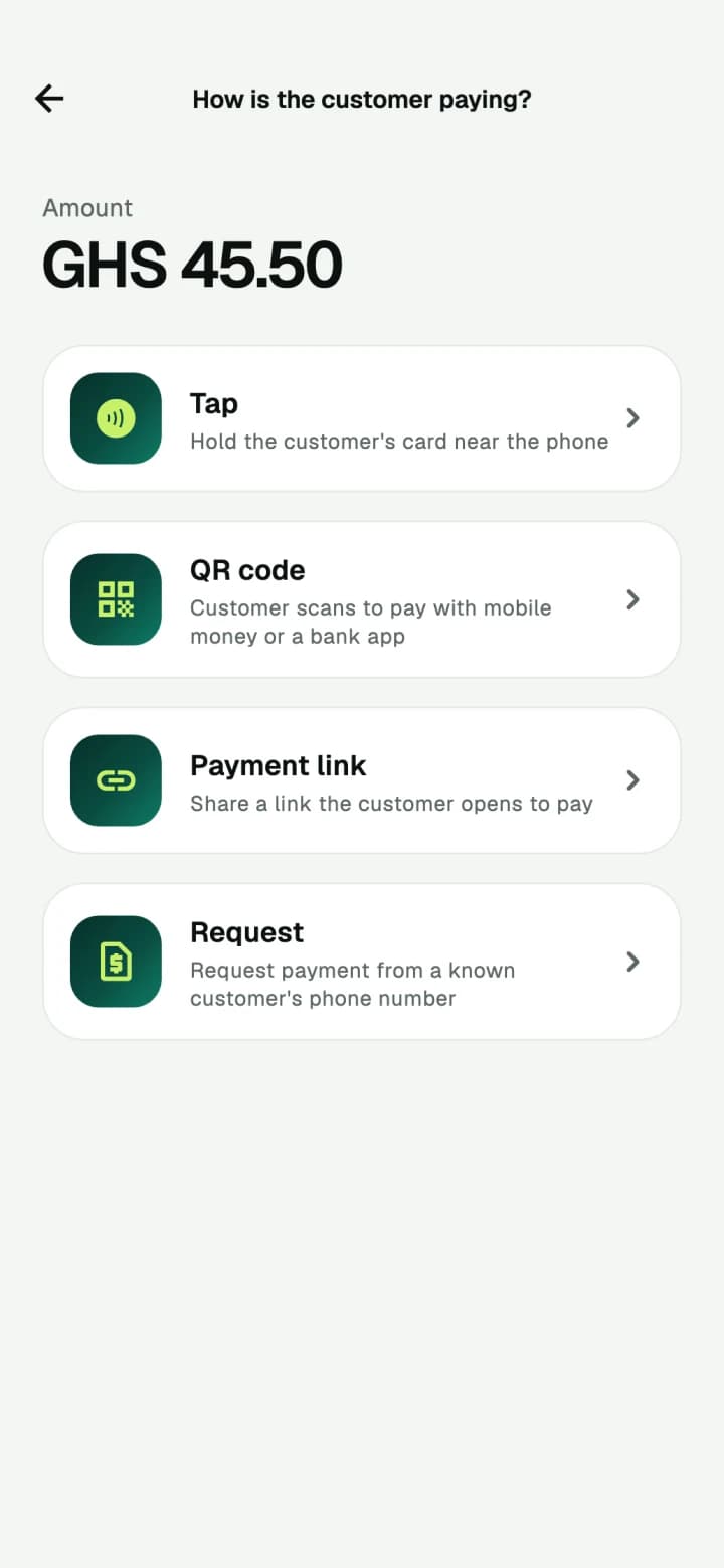 Choice of payment method: tap, QR code, payment link or request