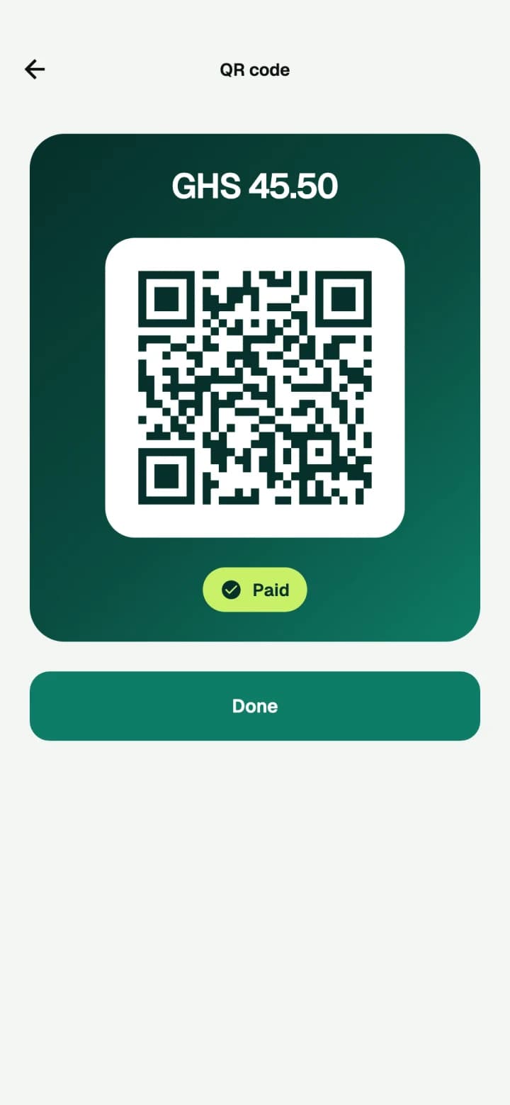 A QR code for GHS 45.50 marked as paid